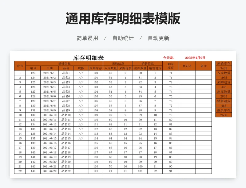 通用库存明细表模版