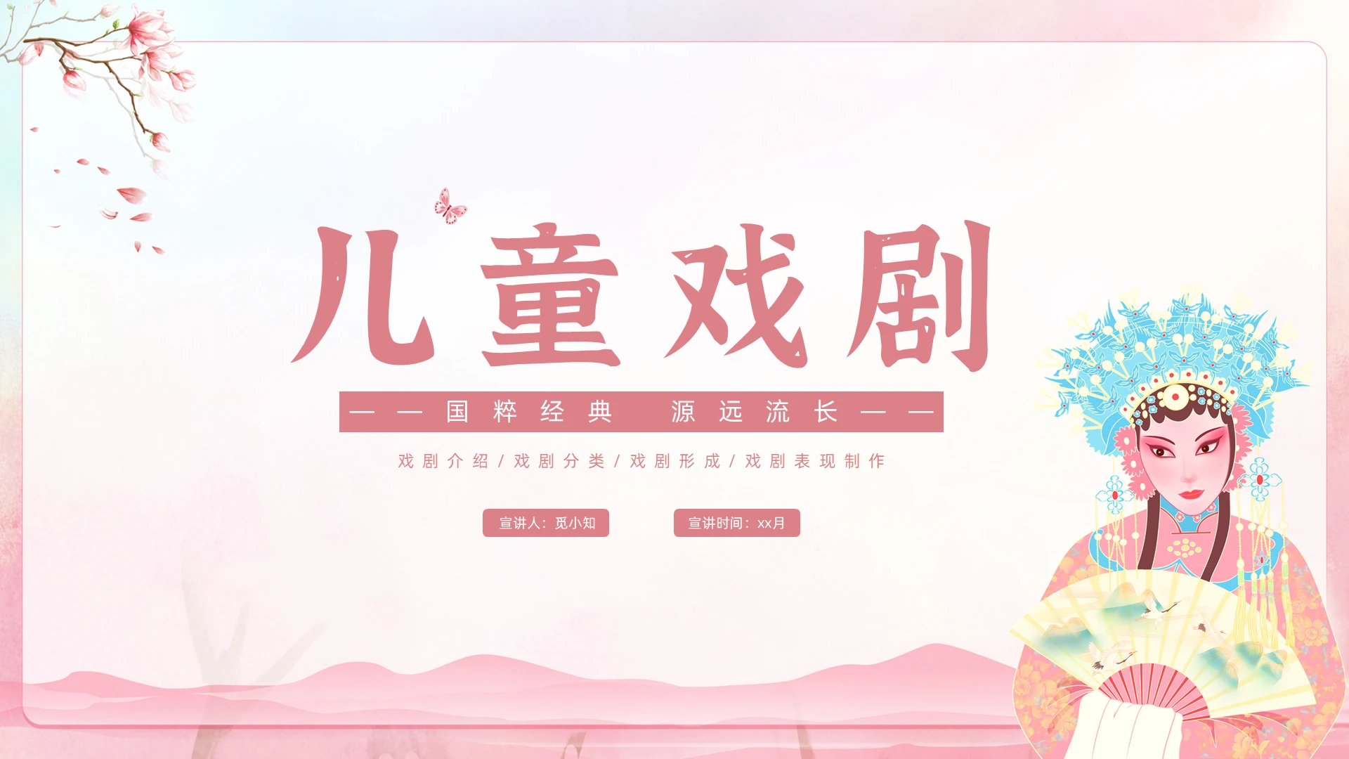 粉色古风背景儿童戏剧ppt模版世界戏剧日