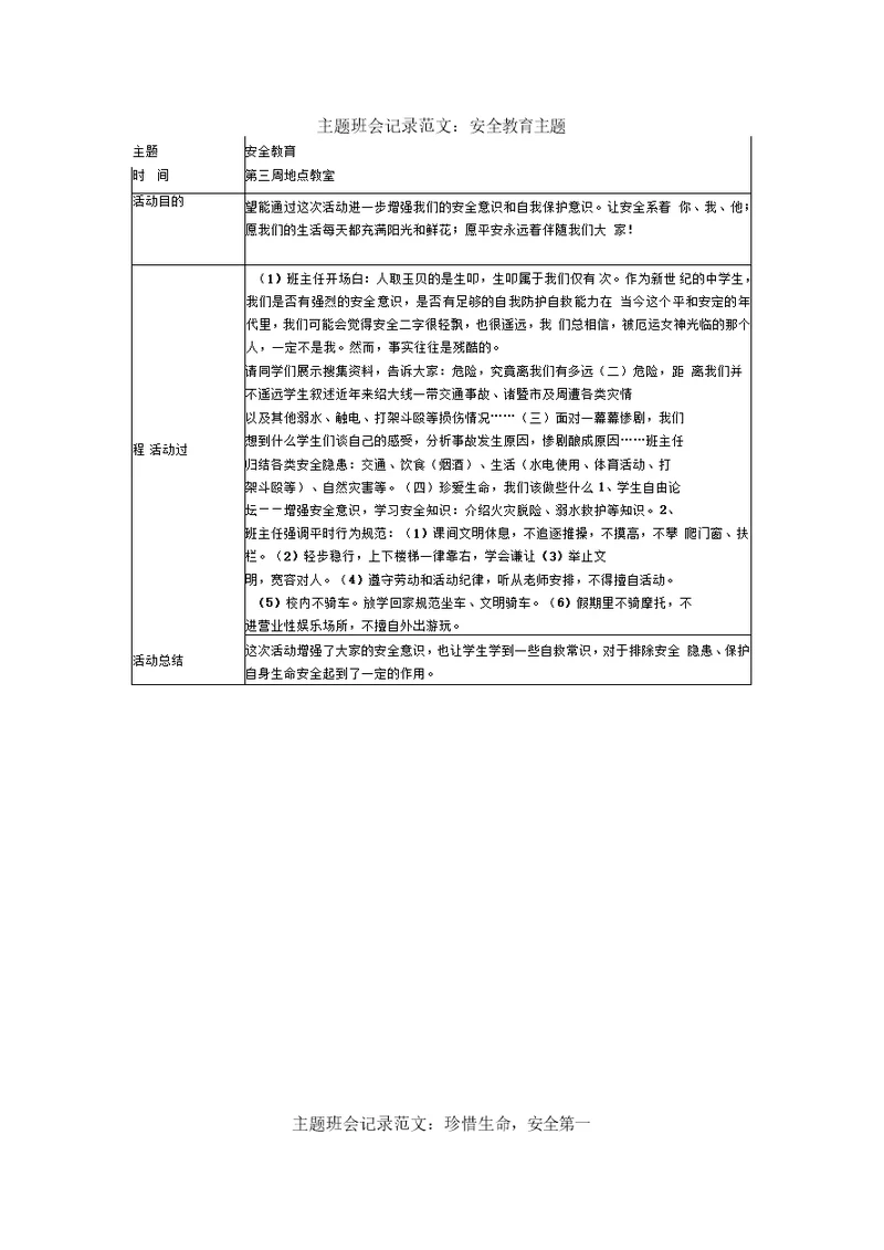 主题班会记录范文