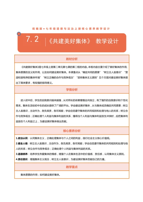 【核心素养目标】7.2共建美好集体-教学设计（表格式）