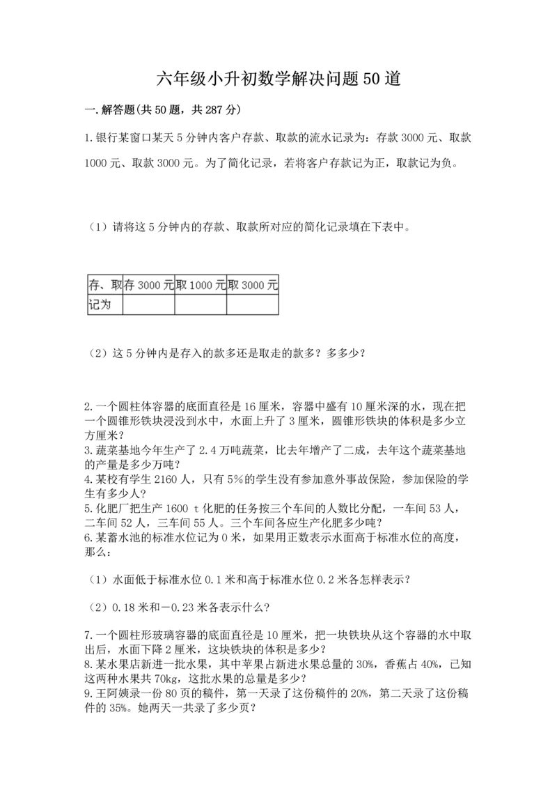 六年级小升初数学解决问题50道加精品答案.docx