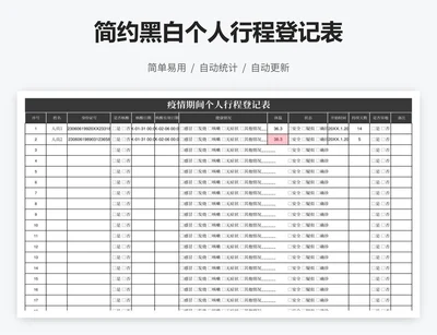 简约黑白个人行程登记表