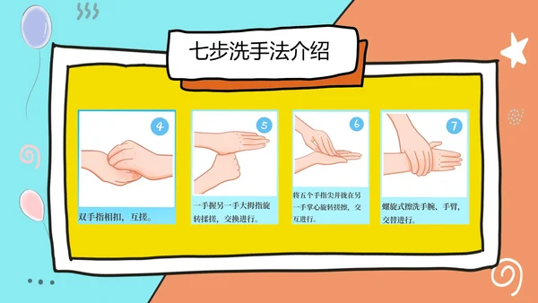 可爱卡通风七步洗手法PPT教学模板
