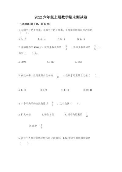 2022六年级上册数学期末测试卷含完整答案（名师系列）.docx
