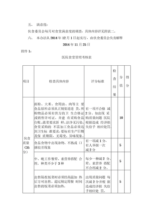 医院食堂考核标准及考核办法