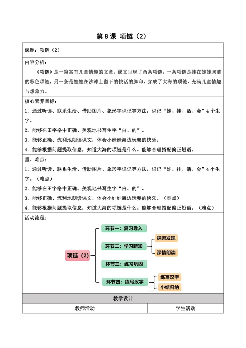 部编1A 第7单元 第8课 项链（2）教学设计
