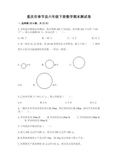 重庆市奉节县六年级下册数学期末测试卷a4版.docx