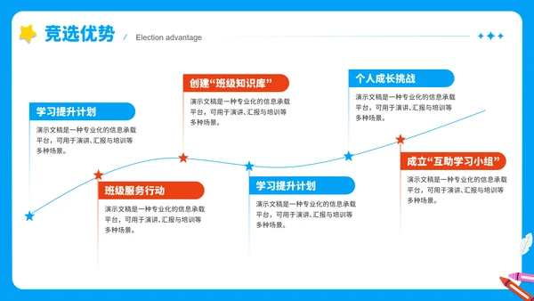 蓝色可爱卡通小学生班长竞选PPT模版