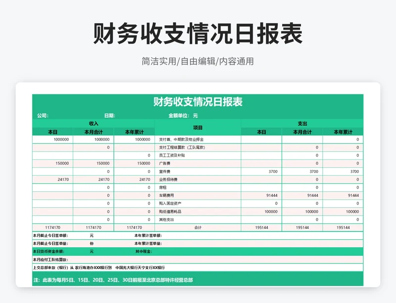 简约风公司财务收支情况日报表