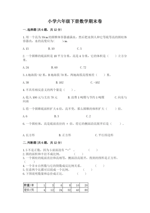 小学六年级下册数学期末卷带答案（黄金题型）.docx