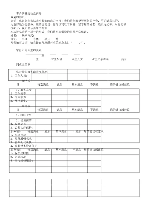 小区业主对物业公司满意度调查问卷样表格