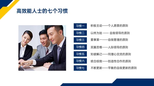 蓝色黄色商务实拍高效能人士的七习惯ppt