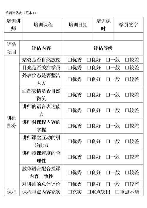 培训讲师工作评估表