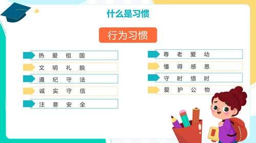 撞色卡通手绘可爱学生培养好习惯主题班会PPT模板