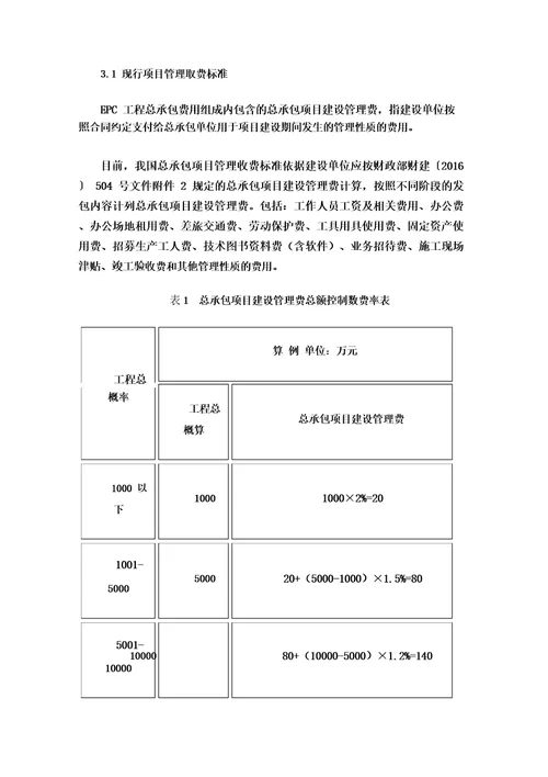 EPC工程总承包项目建设管理费取费建议