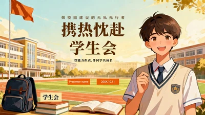 黄色手绘插画风校园学生会面试自我介绍PPT模板