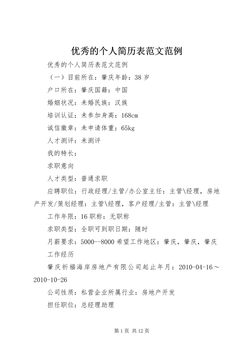 优秀的个人简历表范文范例.docx