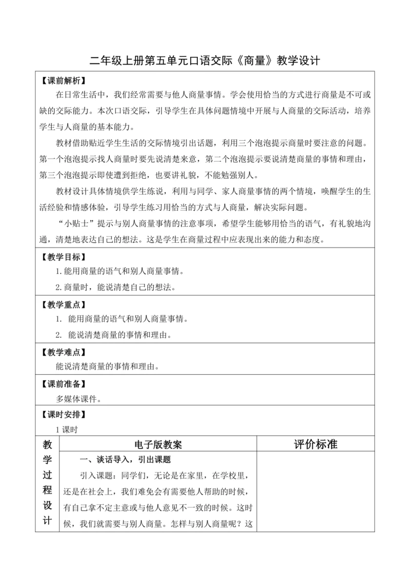 【大单元】统编版语文二上第五单元《口语交际：商量》 教学设计