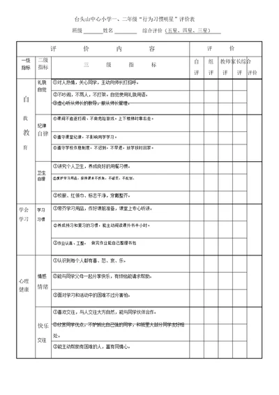 小学生行为习惯评价表