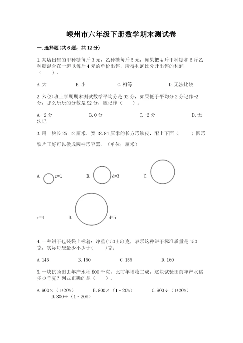 嵊州市六年级下册数学期末测试卷有精品答案.docx