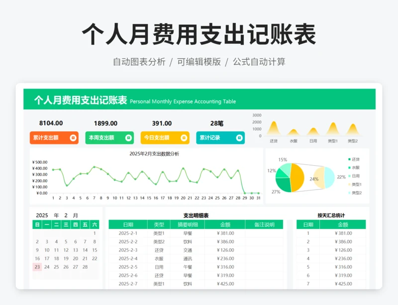 个人月费用支出记账表