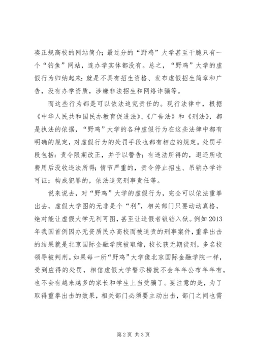 对野鸡大学该重拳出手心得体会范文.docx