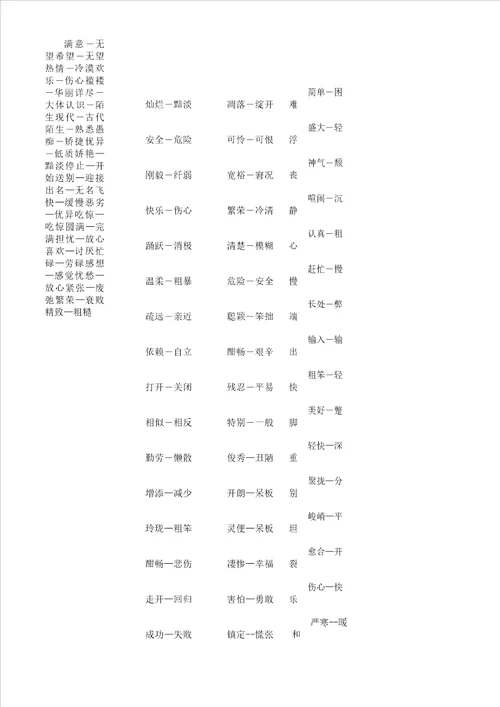 小学生反义词总结计划大全可直接打印