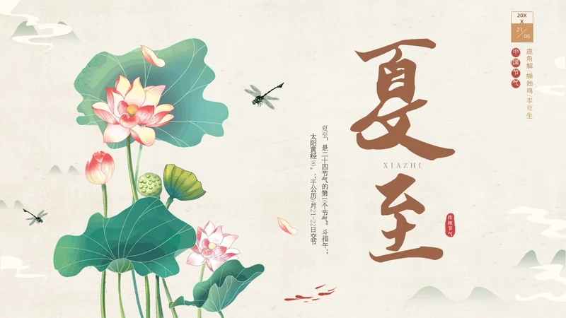 绿色淡雅中国风荷花荷叶中国二十四节气之夏至节气介绍PPT