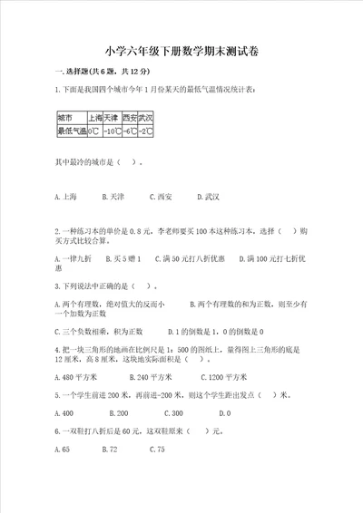 小学六年级下册数学期末测试卷附完整答案（典优）
