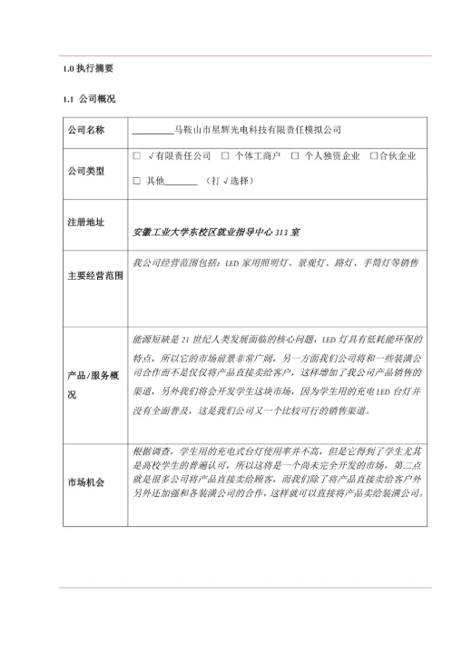 大学生商业创业计划书框架模板