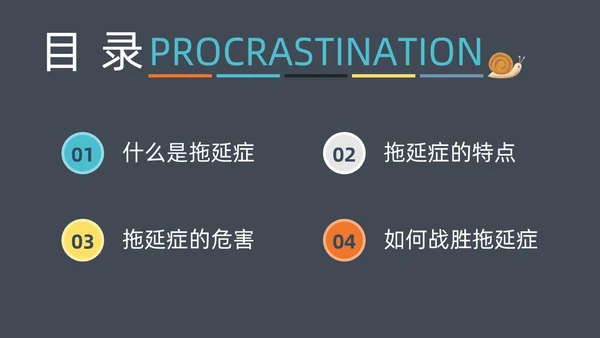灰色简约扁平卡通战胜拖延症动态PPT