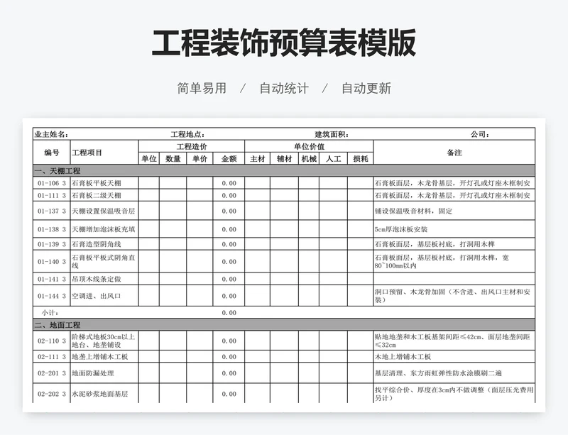 工程装饰预算表模版