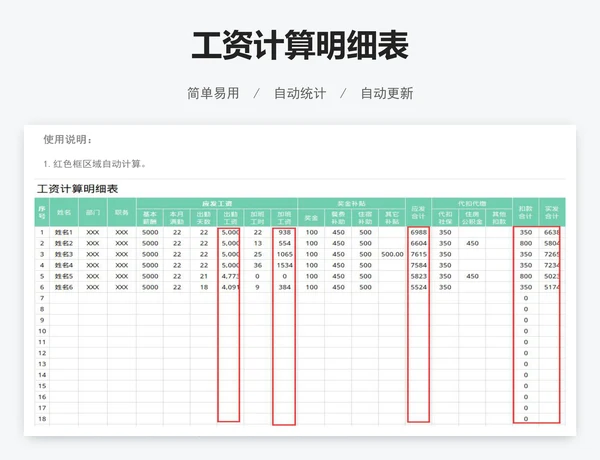 工资计算明细表