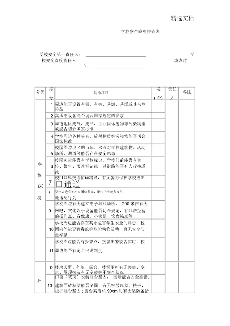 学校安全隐患排查表模版