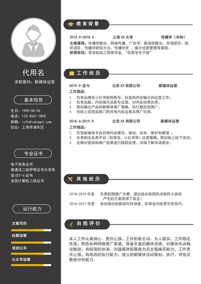大气新媒体运营简历模板word个人求职简历