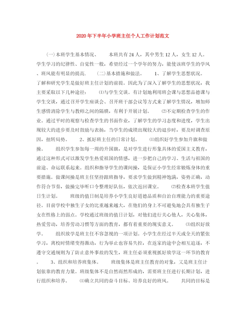 精编之年下半年小学班主任个人工作计划范文.docx