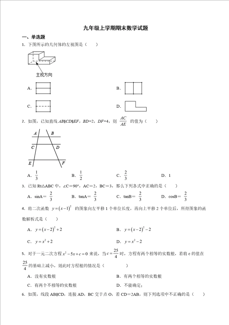 广东省揭阳市普宁市2022年九年级上学期期末数学试题及答案