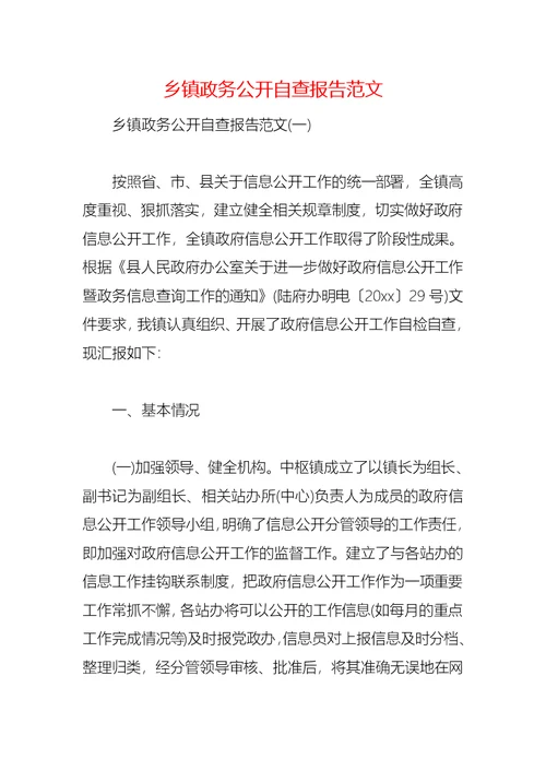2021乡镇政务公开自查报告范文(1)
