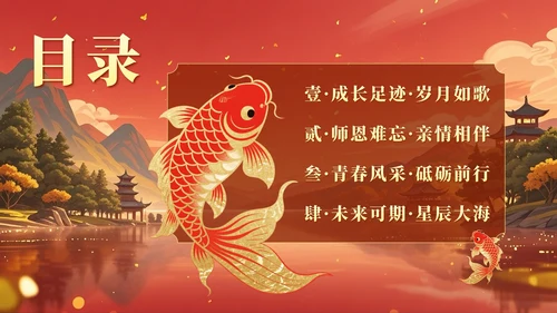 红黄色中国风毕业季锦鲤升学宴主题PPT模板