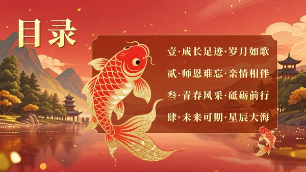 红黄色中国风毕业季锦鲤升学宴主题PPT模板