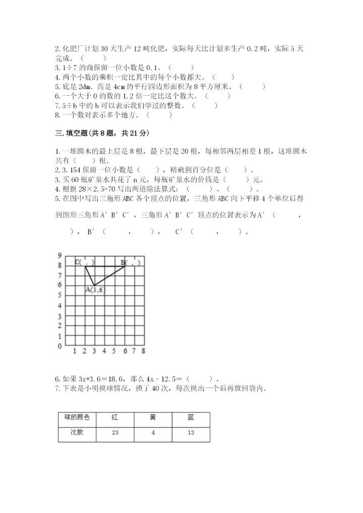 小学数学五年级上册期末测试卷附答案（满分必刷）.docx