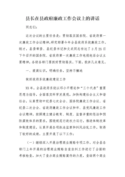 县长在县政府廉政工作会议上的讲话