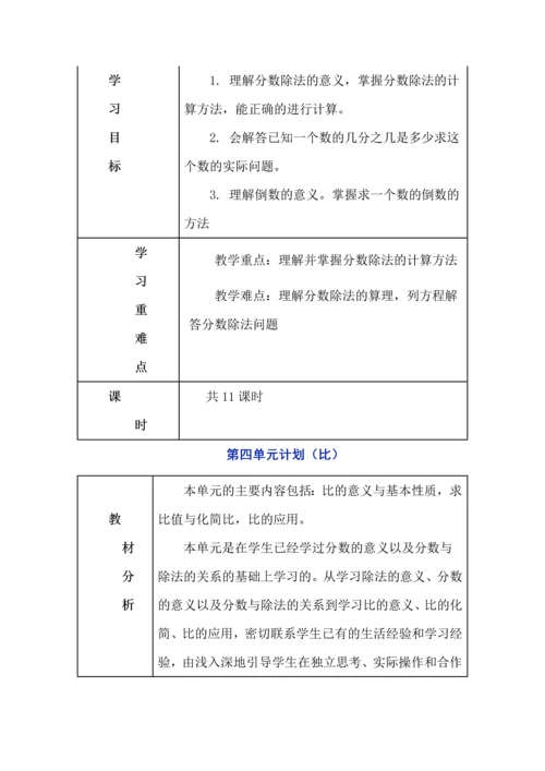 人教版数学六年级上册各单元教学计划（1-4单元）.docx