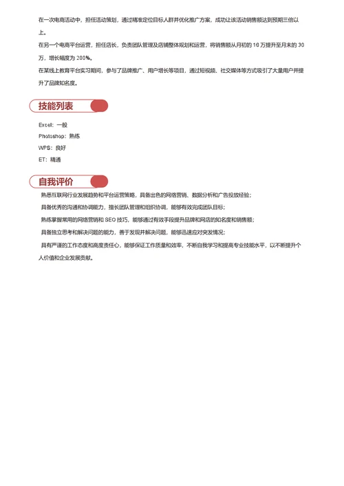 网店运营经理简历模板
