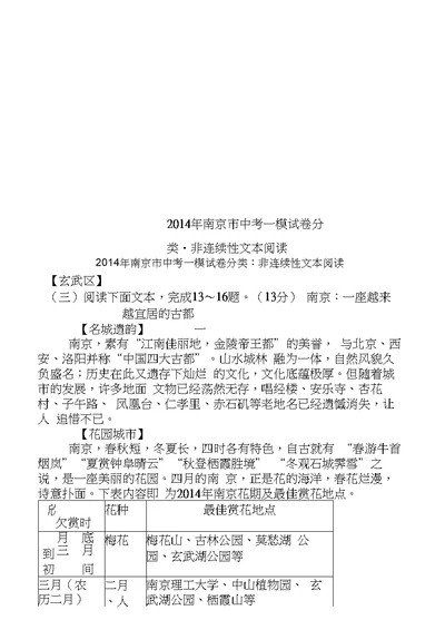 2014年南京市中考一模试卷分类 非连续性文本阅读