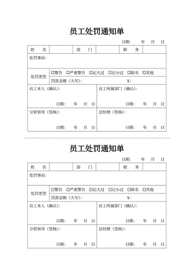 员工处罚通知单