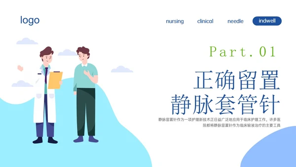 静脉留置针的护理课件蓝色插画医疗留置针临床应用护理体会ppt
