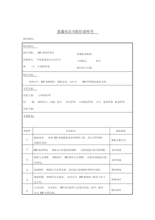 ERP系统管理员岗位说明书