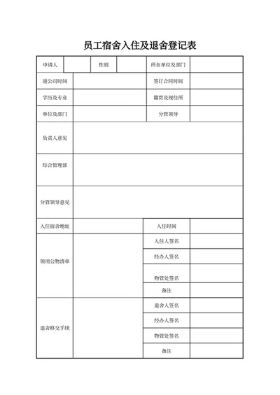 员工宿舍入住及退舍登记表