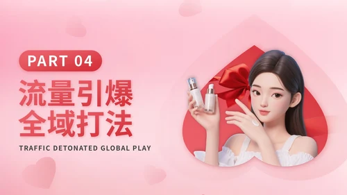 粉红色3D立体风七夕护肤品电商促销活动PPT模版